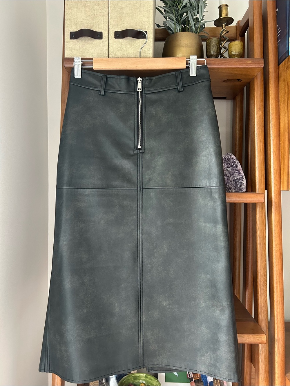 Zara Black Faux Leather Midi Skirt with Front Zip